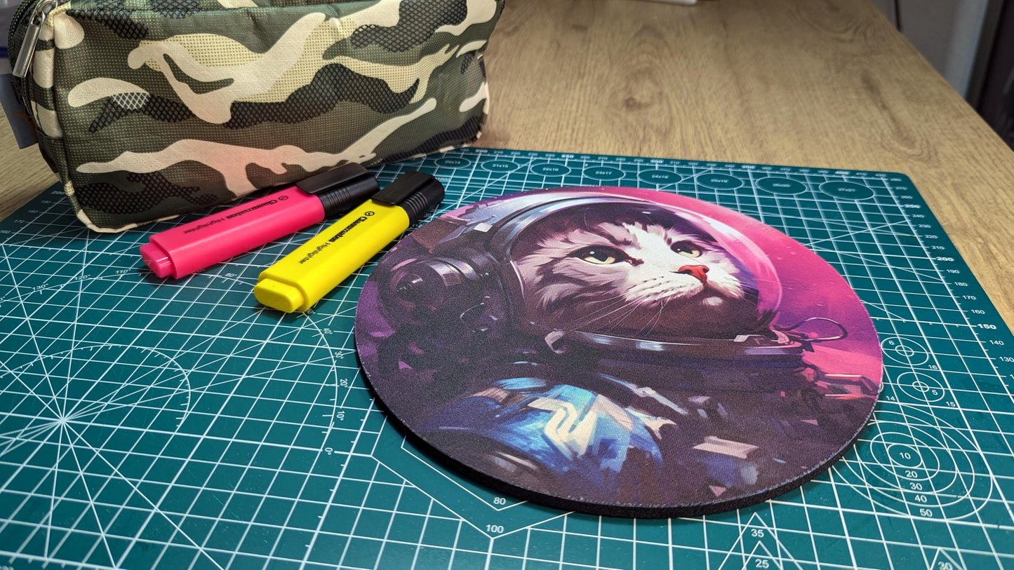 Adventures of Space Cat - Round or Circular Computer Mat - Desktop mousepad - cat gift