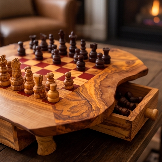 Handcrafted Olive Wood Chess Set with Drawer | Live Edge Red or Black Board