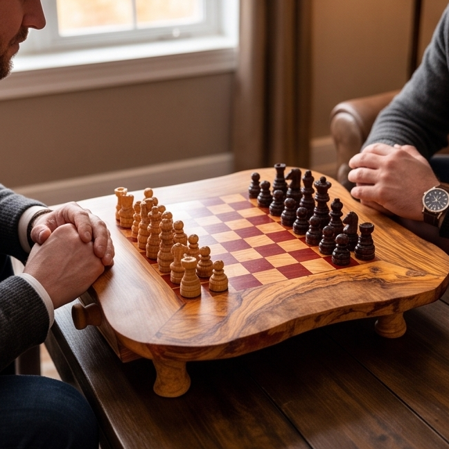 Handcrafted Olive Wood Chess Set with Drawer | Live Edge Red or Black Board