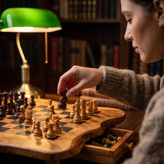 Handcrafted Olive Wood Chess Set with Drawer | Live Edge Red or Black Board