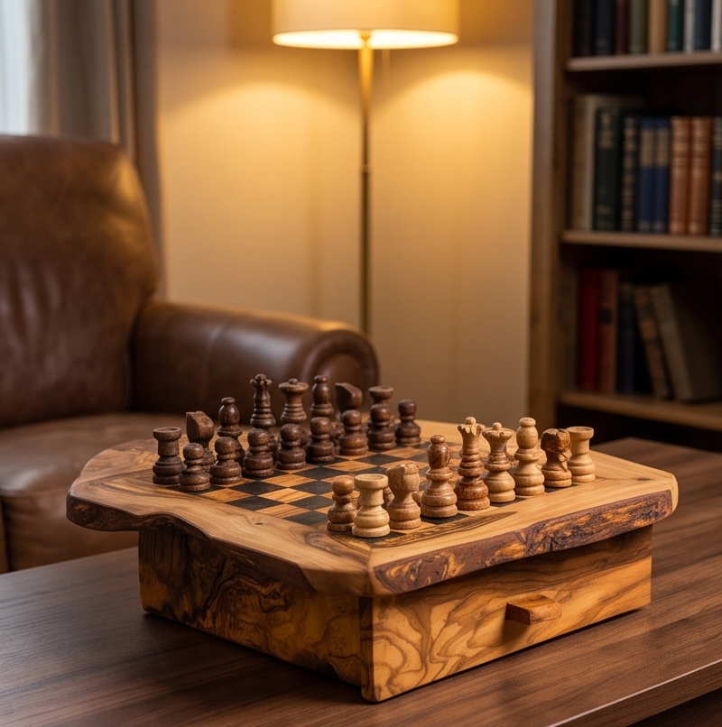 Handmade Olive Wood Chess Set with Storage Drawer - Luxury Wooden Board Game