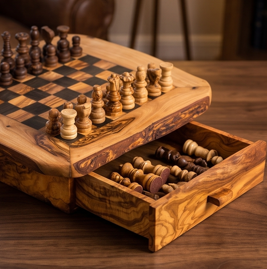 Handmade Olive Wood Chess Set with Storage Drawer - Luxury Wooden Board Game