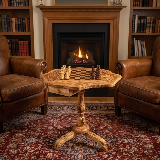 Handcrafted Olive Wood Chess Table – Luxury Wooden Pedestal Game Table in Red & Black