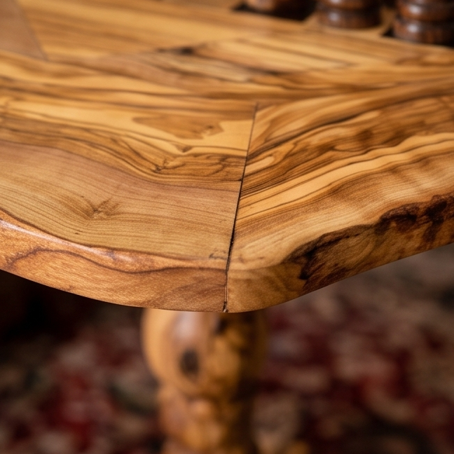 Handcrafted Olive Wood Chess Table – Luxury Wooden Pedestal Game Table in Red & Black