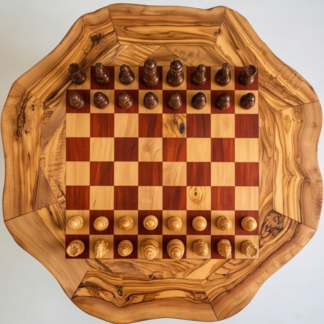 Handcrafted Olive Wood Chess Table – Luxury Wooden Pedestal Game Table in Red & Black