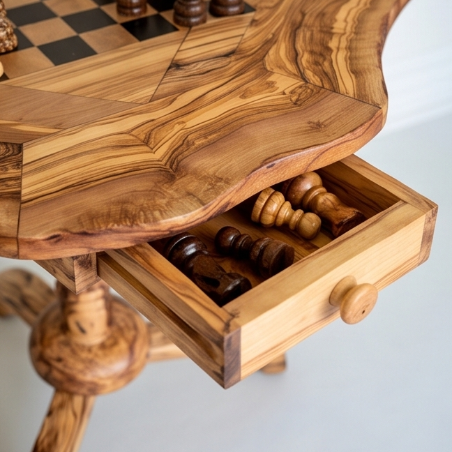 Handcrafted Olive Wood Chess Table – Luxury Wooden Pedestal Game Table in Red & Black