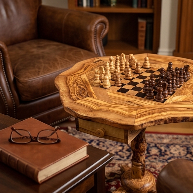 Handcrafted Olive Wood Chess Table – Luxury Wooden Pedestal Game Table in Red & Black