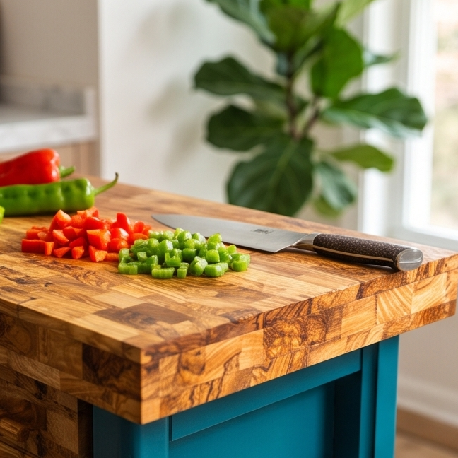 Premium Olive Wood Kitchen Island Cart - Large Butcher Block Prep Table 100cm