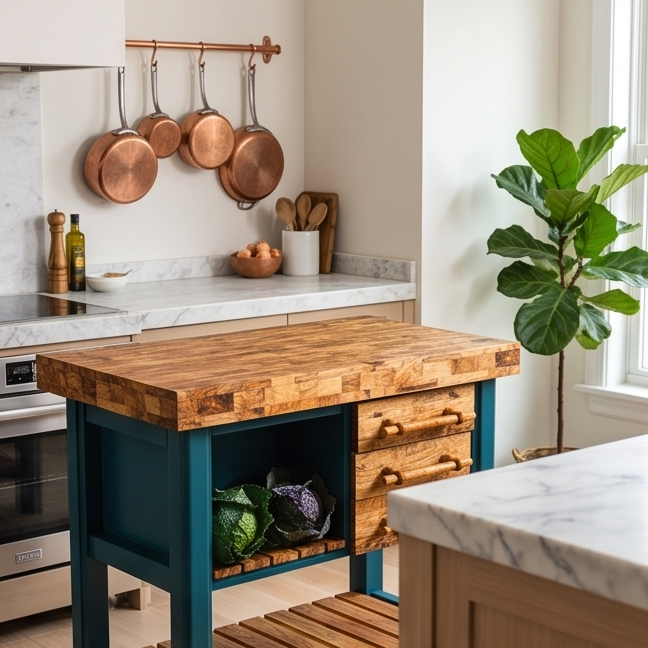 Premium Olive Wood Kitchen Island Cart - Large Butcher Block Prep Table 100cm