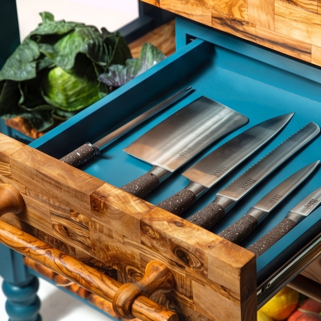 Premium Olive Wood Kitchen Island Cart - Large Butcher Block Prep Table 100cm