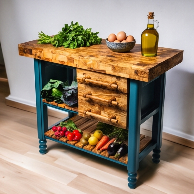 Premium Olive Wood Kitchen Island Cart - Large Butcher Block Prep Table 100cm