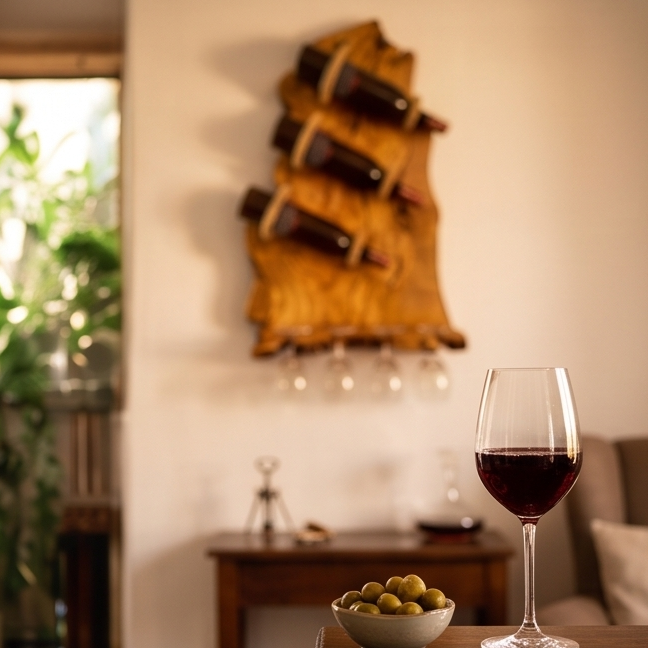 Bespoke Live-Edge Olive Wood Wall Wine Display & Sculptural Goblet Rack