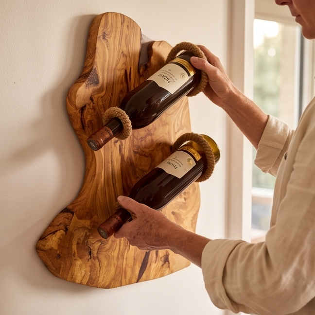 Bespoke Live-Edge Olive Wood Wall Wine Display & Sculptural Goblet Rack