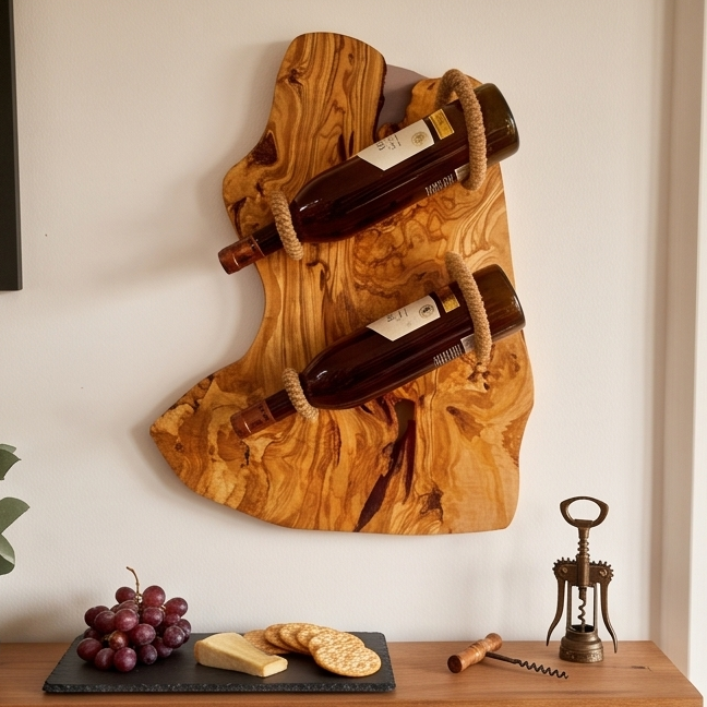 Bespoke Live-Edge Olive Wood Wall Wine Display & Sculptural Goblet Rack