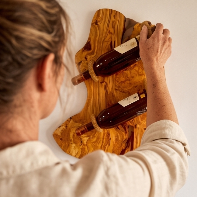 Bespoke Live-Edge Olive Wood Wall Wine Display & Sculptural Goblet Rack