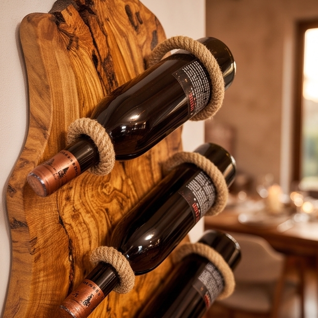 Rustic Olive Wood Wall Mounted Wine Bottle Holder & Goblet Rack