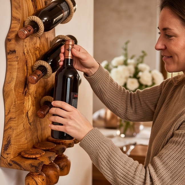 Rustic Olive Wood Wall Mounted Wine Bottle Holder & Goblet Rack