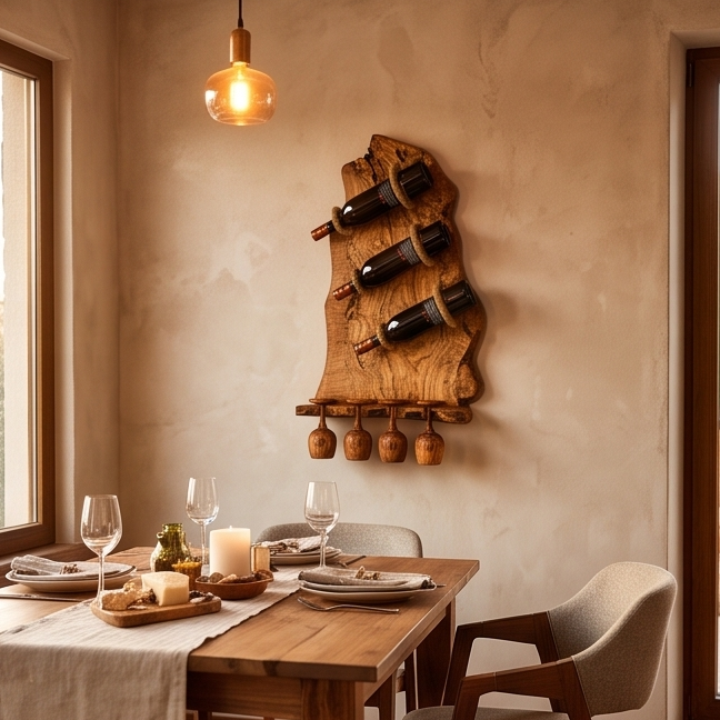 Rustic Olive Wood Wall Mounted Wine Bottle Holder & Goblet Rack