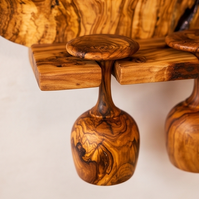 Rustic Olive Wood Wall Mounted Wine Bottle Holder & Goblet Rack
