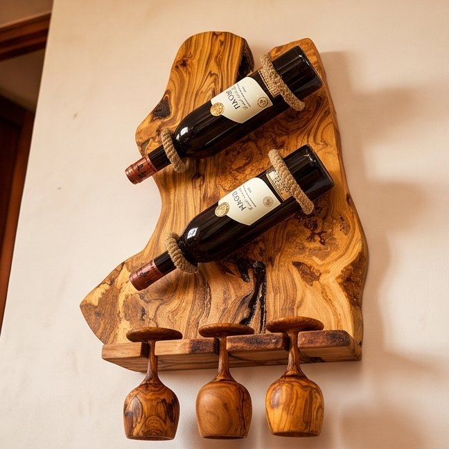 Rustic Olive Wood Wall Mounted Wine Bottle Holder & Goblet Rack