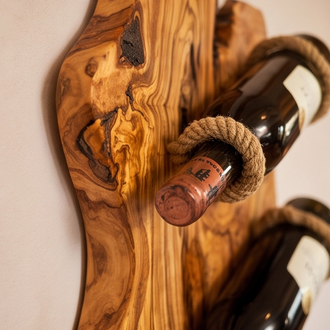 Rustic Olive Wood Wall Mounted Wine Bottle Holder & Goblet Rack