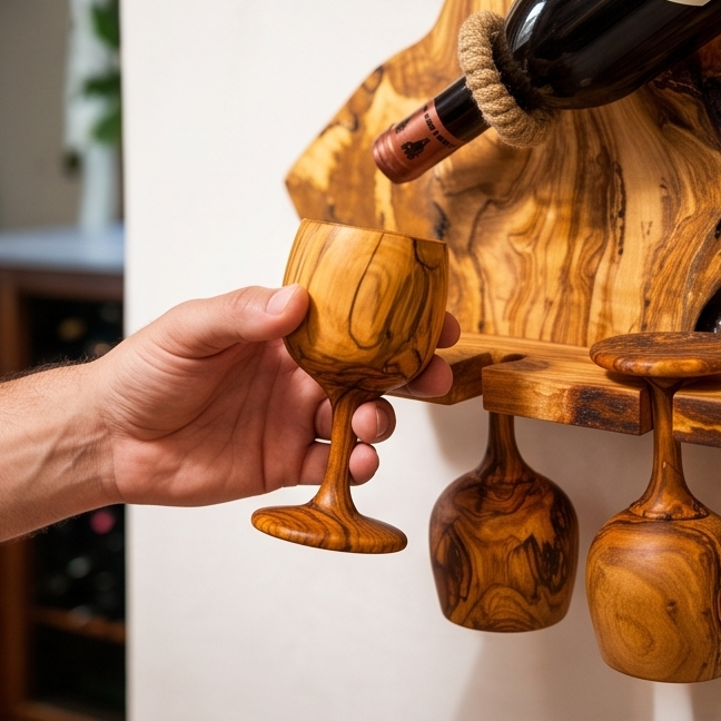 Rustic Olive Wood Wall Mounted Wine Bottle Holder & Goblet Rack