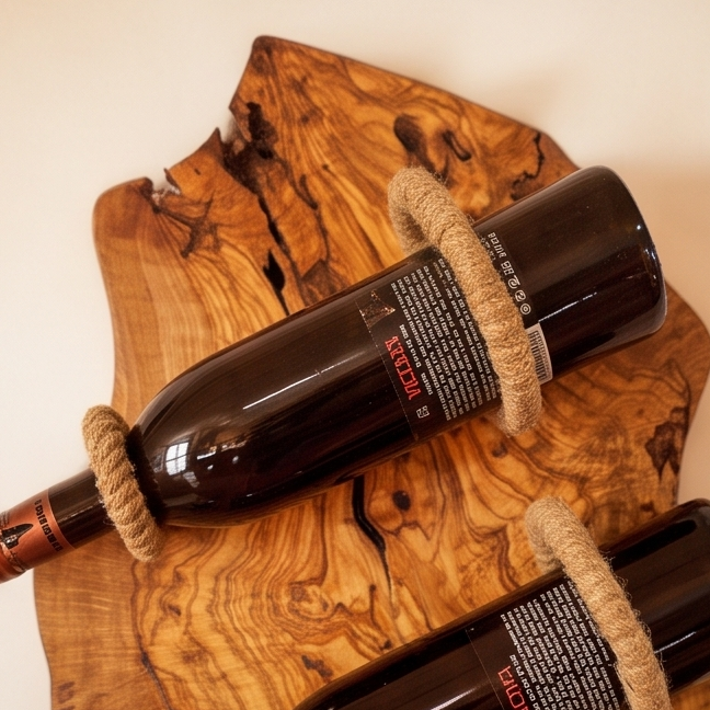 Rustic Olive Wood Wall Mounted Wine Bottle Holder & Goblet Rack