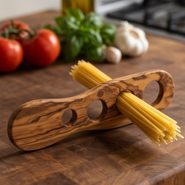 Handcrafted Olive Wood Spaghetti Measure - 4 Hole Pasta Portioning Gadget