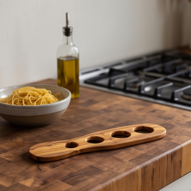 Handcrafted Olive Wood Spaghetti Measure - 4 Hole Pasta Portioning Gadget