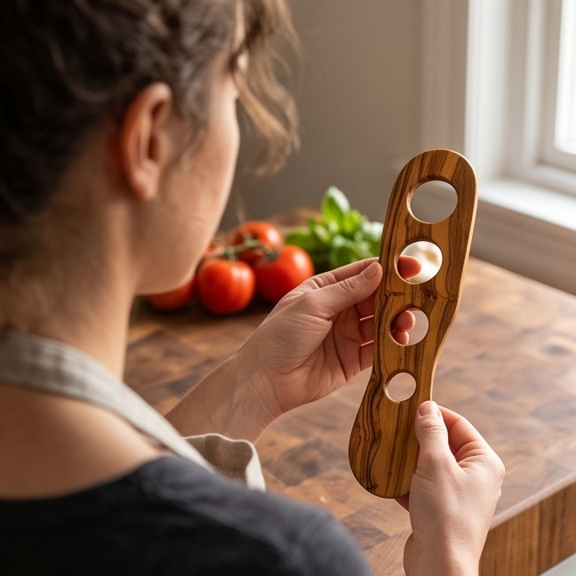 Handcrafted Olive Wood Spaghetti Measure - 4 Hole Pasta Portioning Gadget