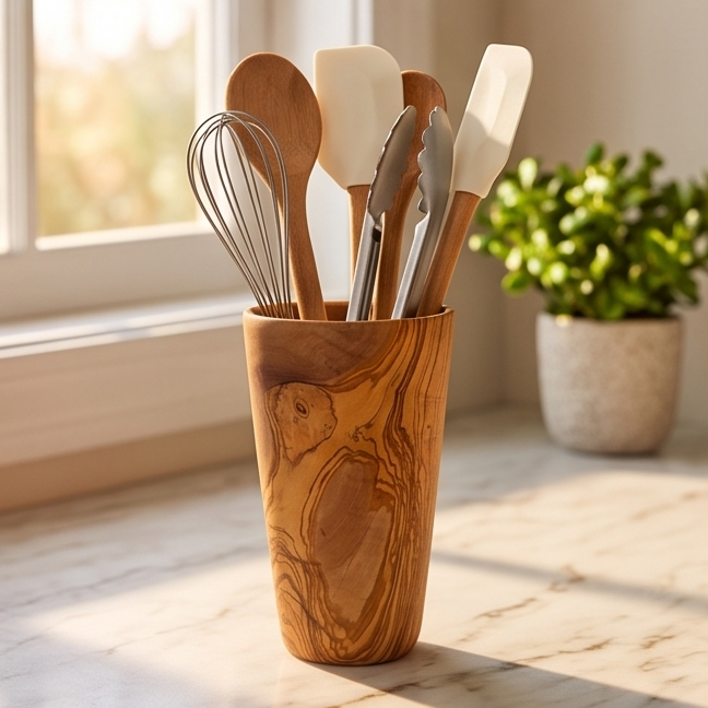 Luxury Solid Olive Wood Utensil Holder | Rustic Kitchen Countertop Storage Organiser