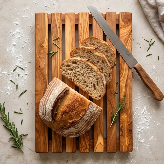 Handcrafted Olive Wood Bread Cutting Board with Crumb Catcher | 32x20 cm