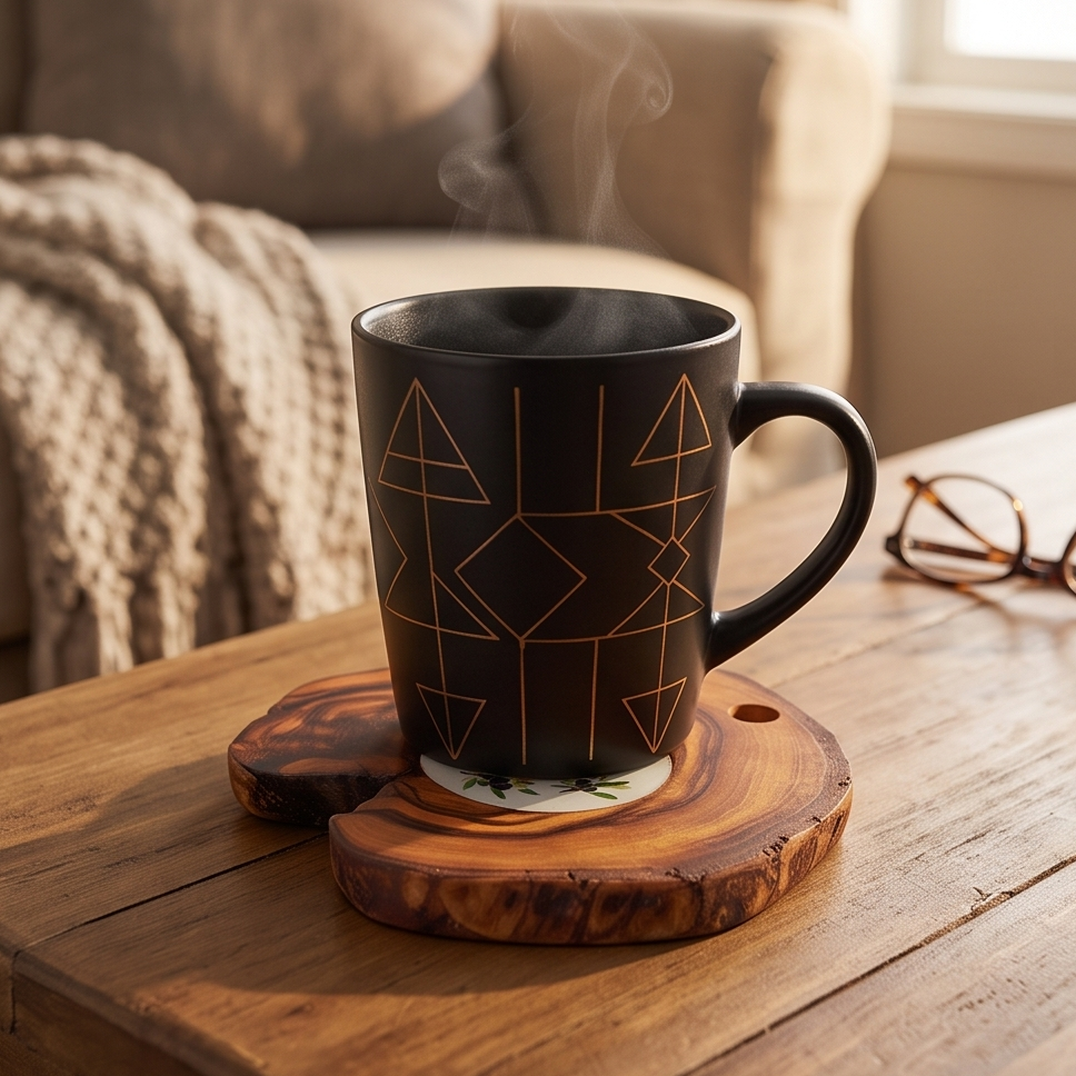 Handcrafted Olive Wood Coaster Set - Rustic Drink Coasters with Ceramic Inlay