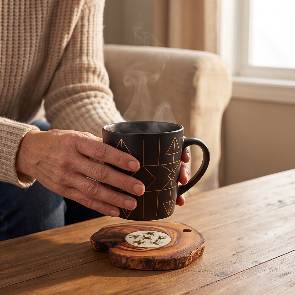 Handcrafted Olive Wood Coaster Set - Rustic Drink Coasters with Ceramic Inlay