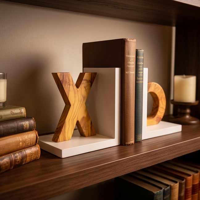 Olive Wood Handcrafted XO Bookends Wooden Bookshelf Organiser