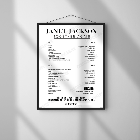 Janet Jackson Setlist Poster - MidFlorida Credit Union Amphitheatre, Tampa - July 16th, 2024