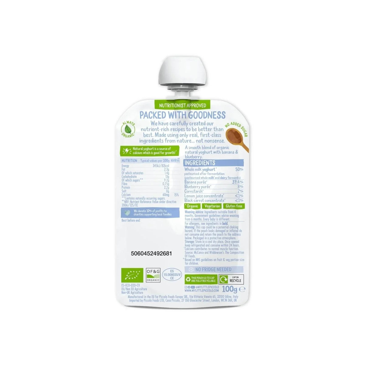 Piccolo Organic Natural Yoghurt Blueberry & Banana 6+ months 100g