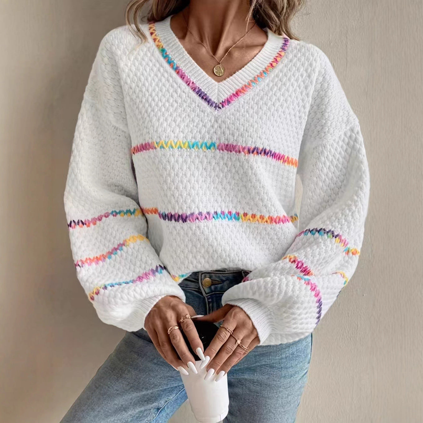 V-collar Contrast Color Women's Long Sleeve Pullover Loose Sweater