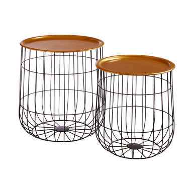 Hege Set Of 2 Brass Finish Top And Black Wire Basket Tables