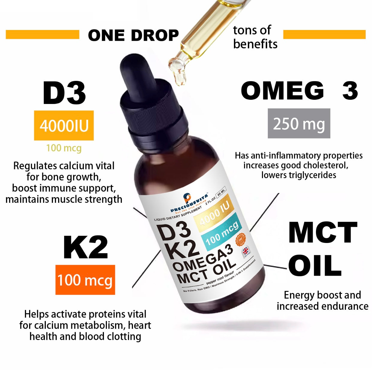Preciousvita Vitamin D3K2 Liquid Drops,Vitamin D3:4000iu & Vitamin K2:100MCG,Peppermint Flavoured, 60ml