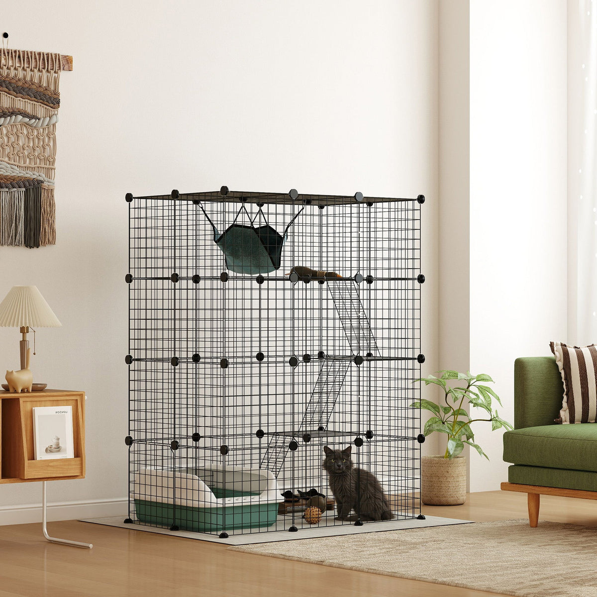 PawHut 4-Tier Cat Cage Indoor, DIY Cat Playpen with Hammock, Ramps, 5 Doors