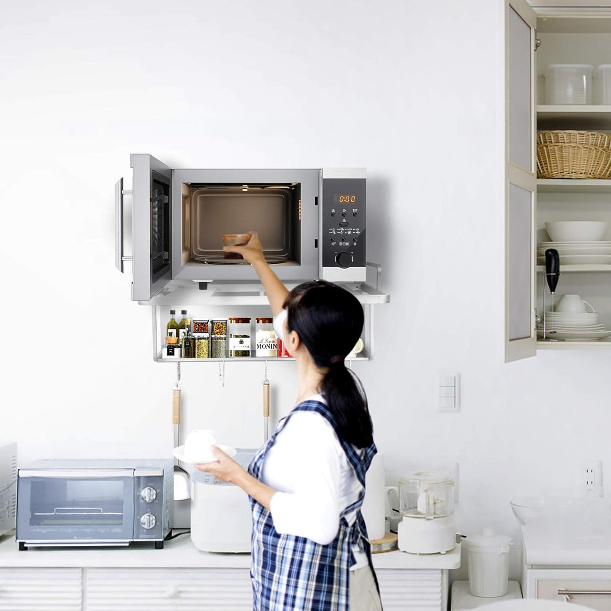 Wall Mounted Microwave Rack – 2-Tier Aluminum Shelf with Guard Rail 21.6in