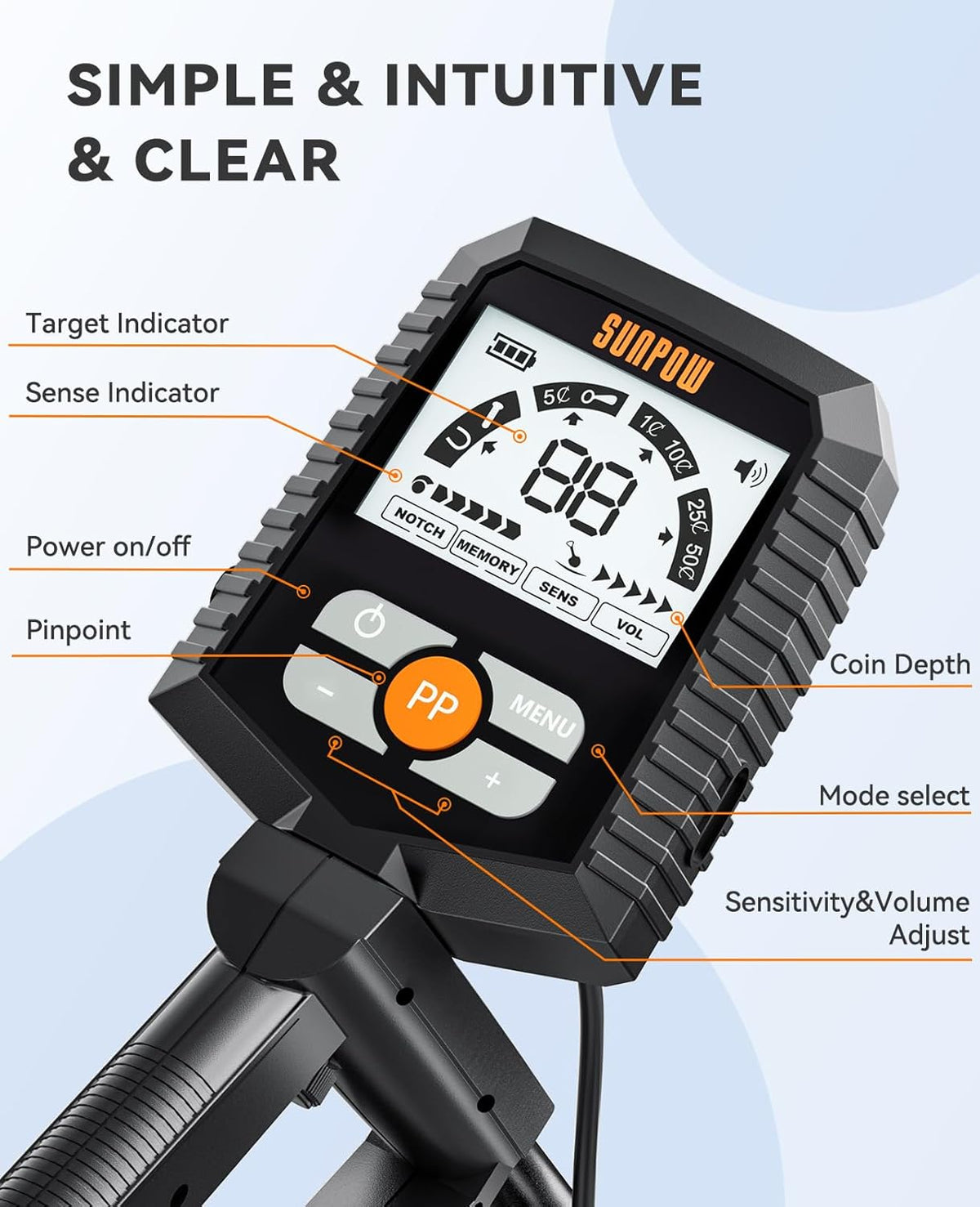 Metal Detector Waterproof Gold Detecting LCD Display 4 Modes SUNPOW