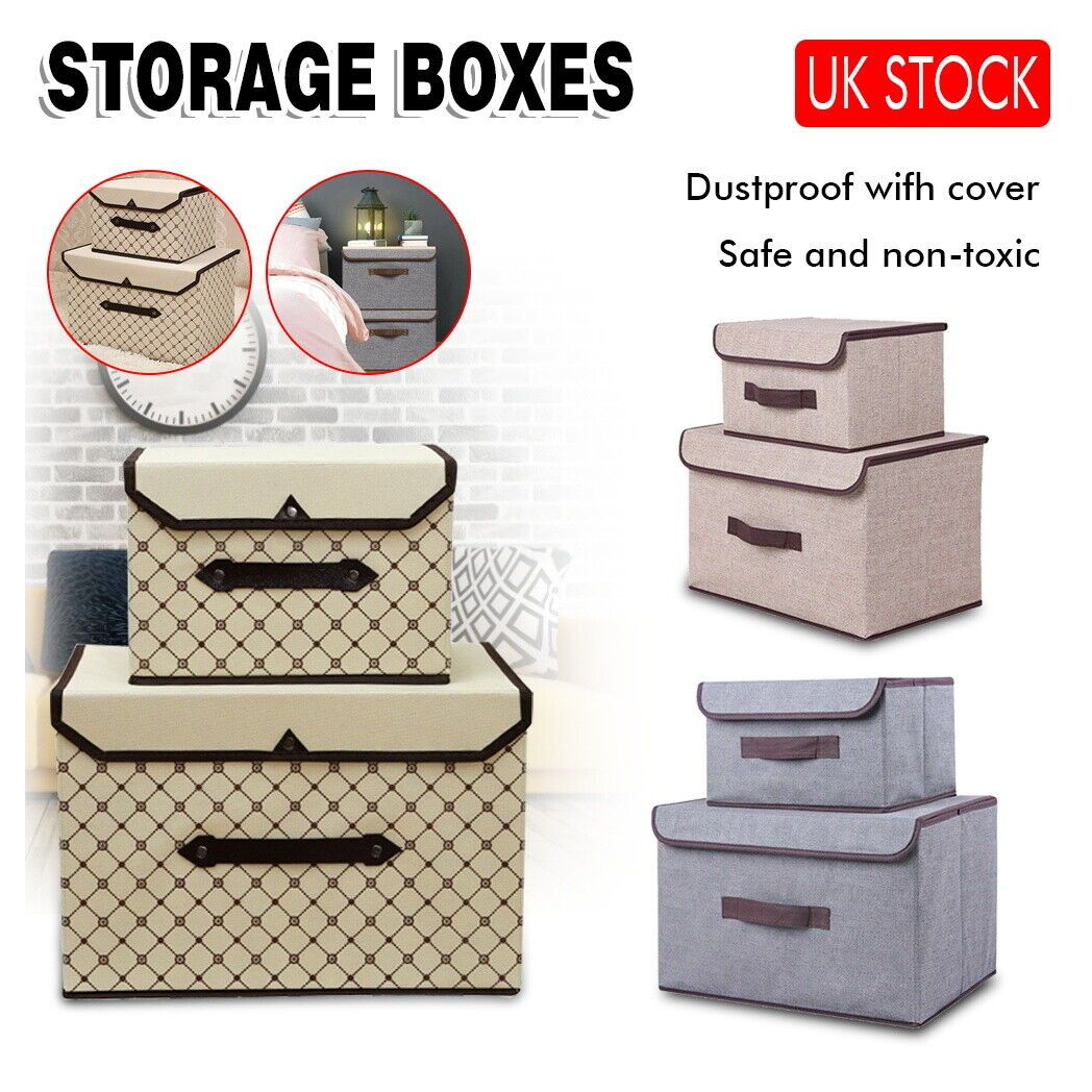 2 IN 1 Foldable Square Fabric Canvas Storage Boxes Portable Drawer With Lid UK
