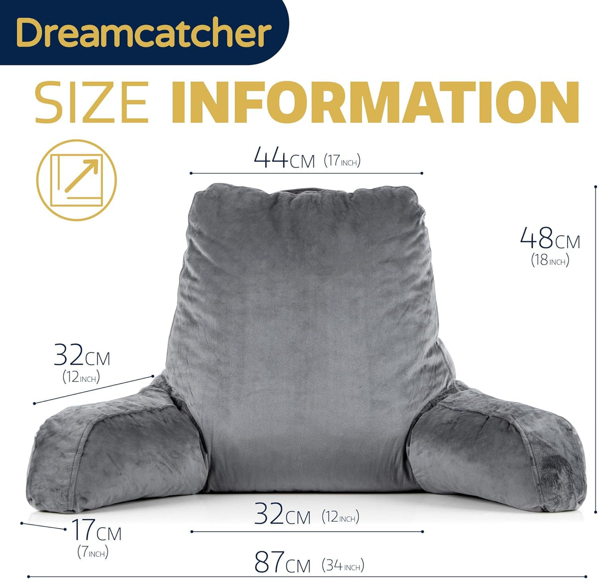 Grey Reading Pillow Memory Foam Cushion with Backrest Arm Support Dreamcatcher