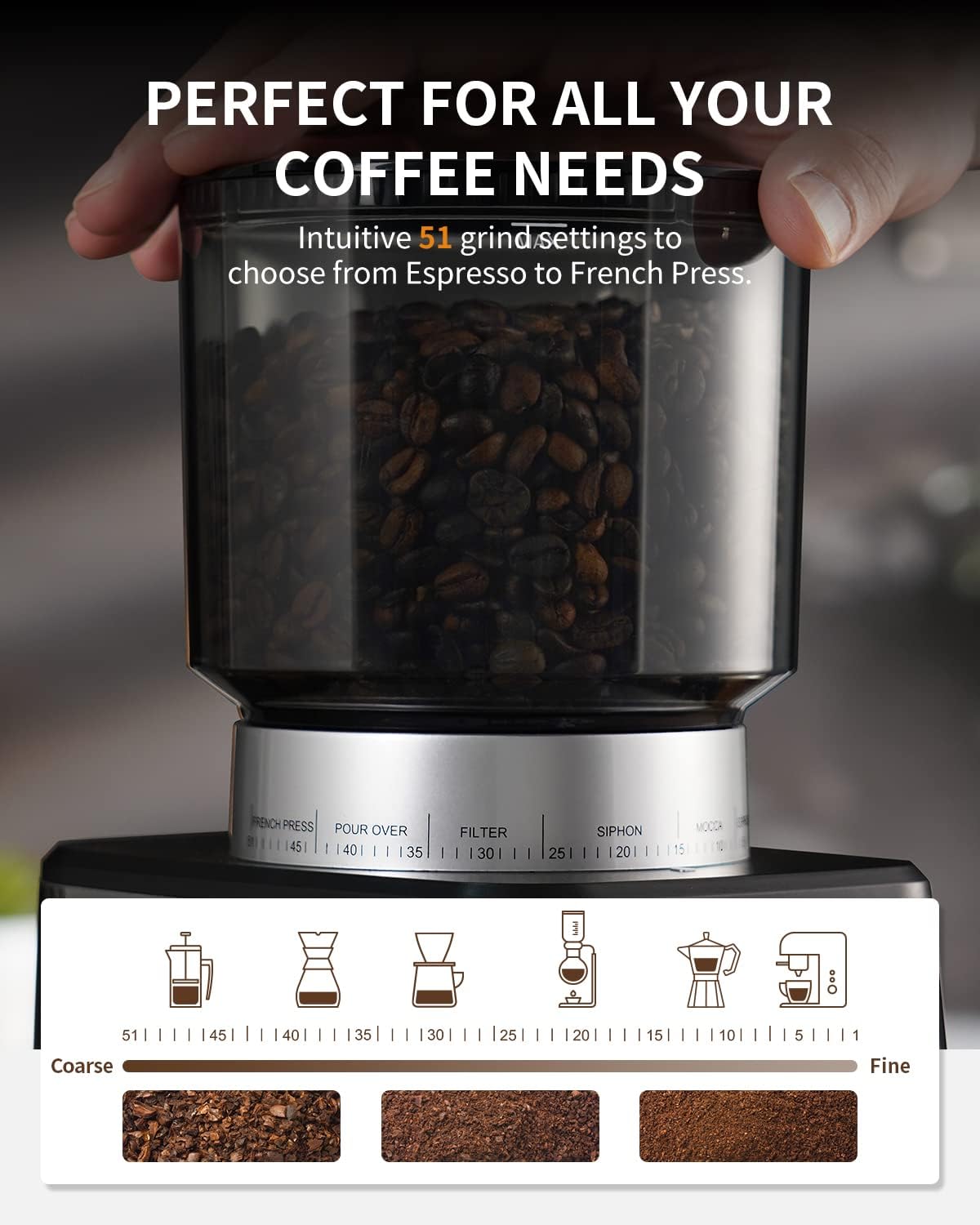 Conical Burr Coffee Grinder Electric Espresso 51 Settings Timer SHARDOR