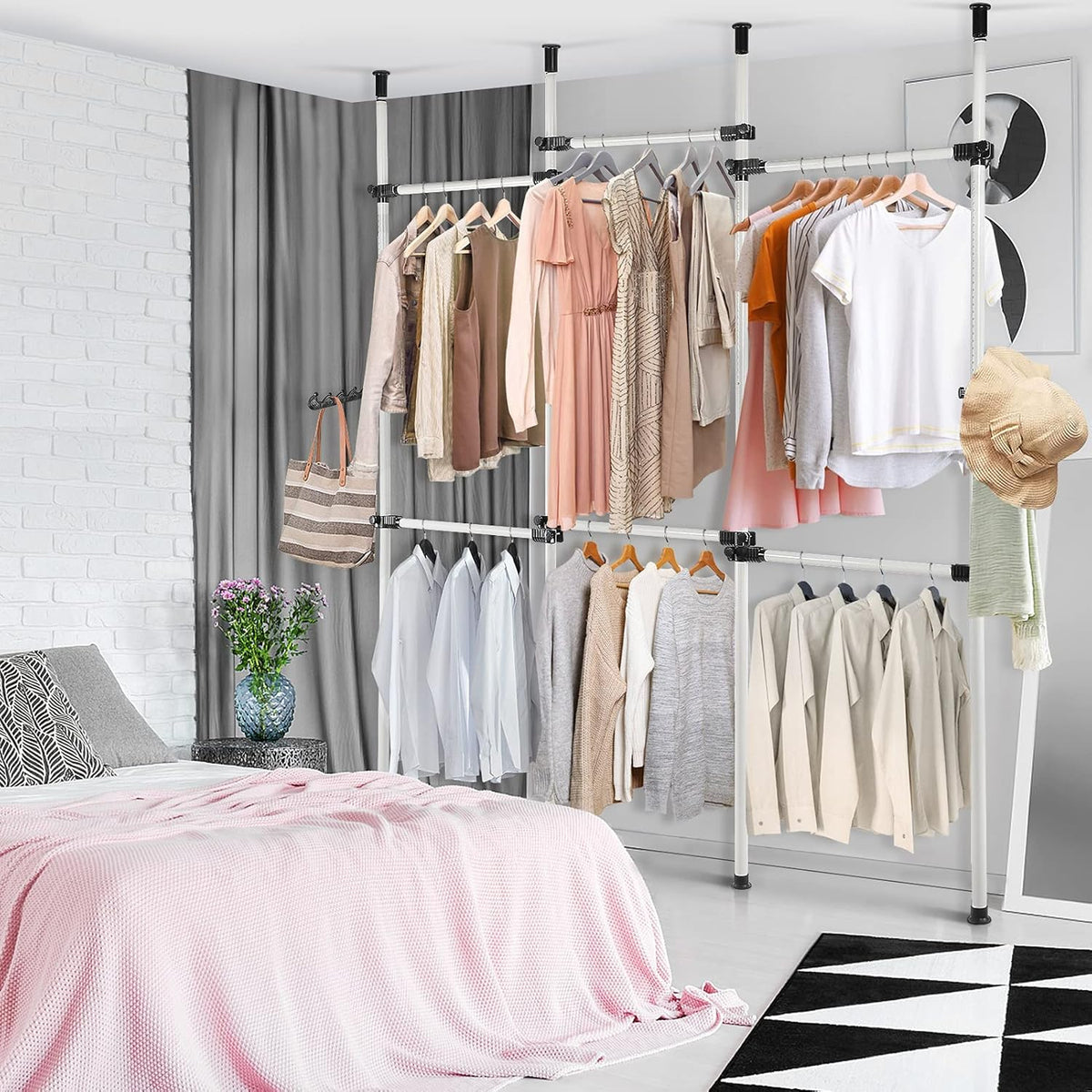 Telescopic Clothes Rack Heavy Duty Adjustable Rail with Hooks 8–10.8 ft