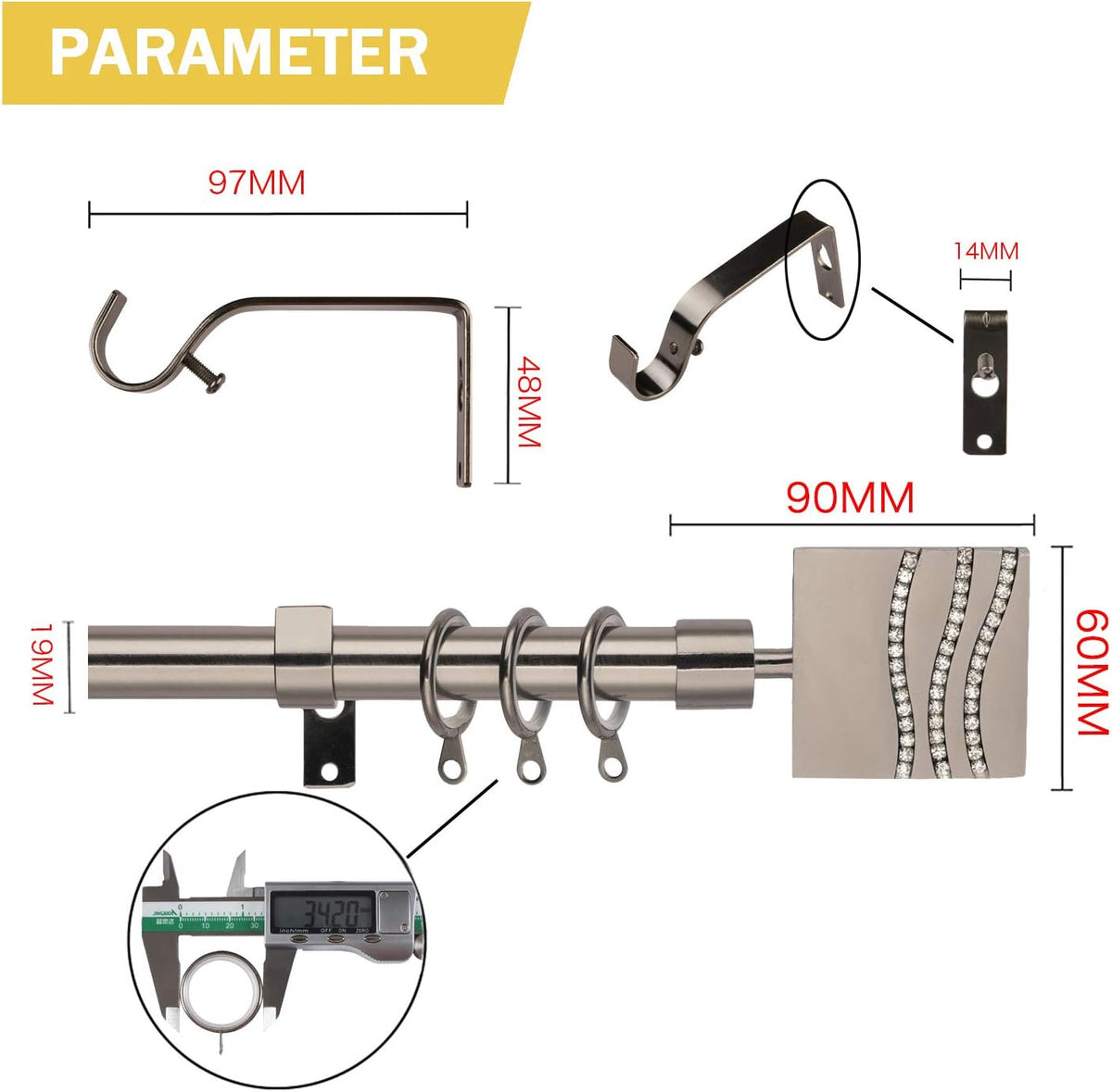 Curtain Pole 19mm Diameter Adjustable Length 130-240cm Black Nickel