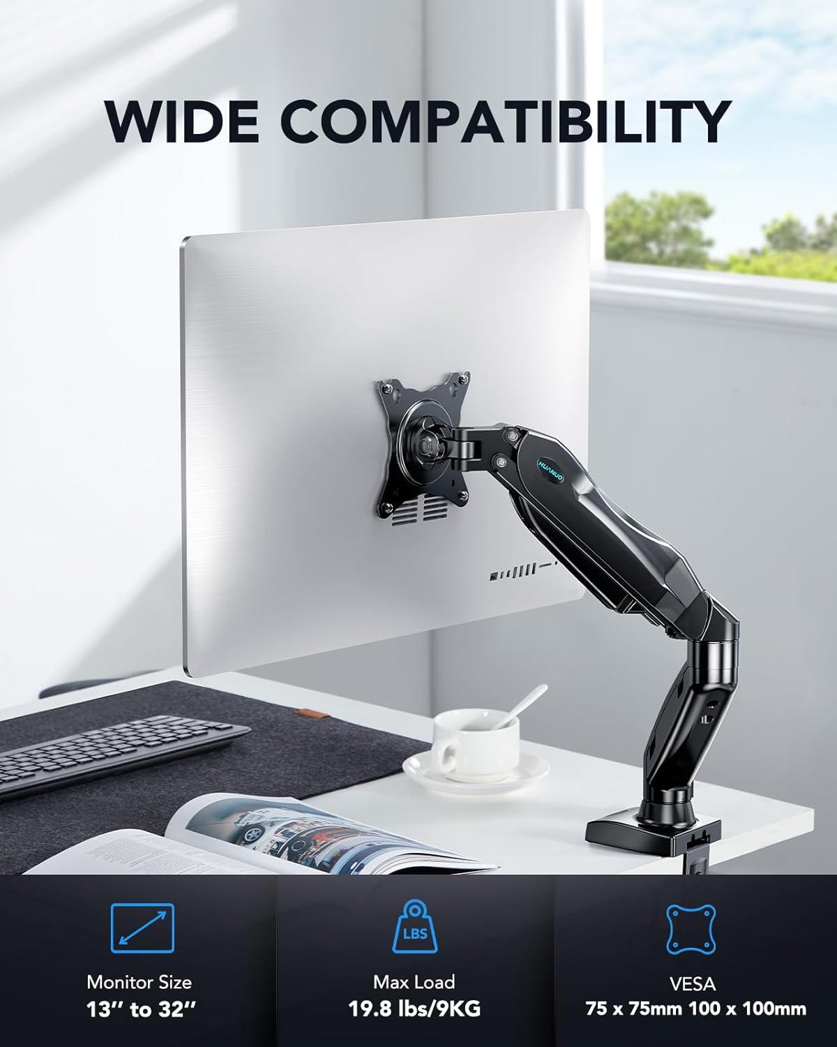 Single Monitor Arm 13 to 32 Inch Adjustable White Desk Mount VESA HUANUO
