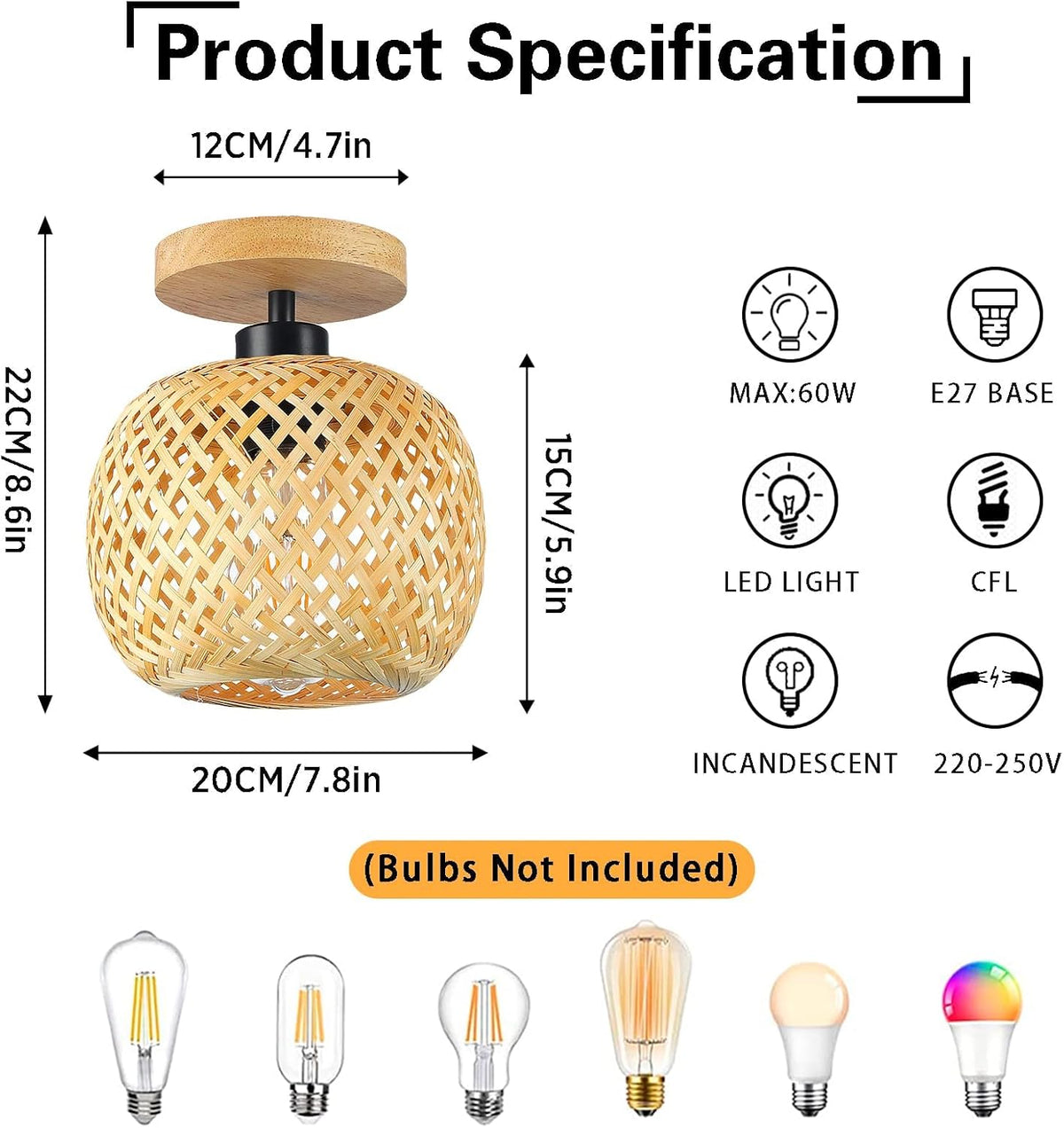 Bamboo Ceiling Light Boho Rattan Semi Flush Mount Farmhouse Fixture Mini Size